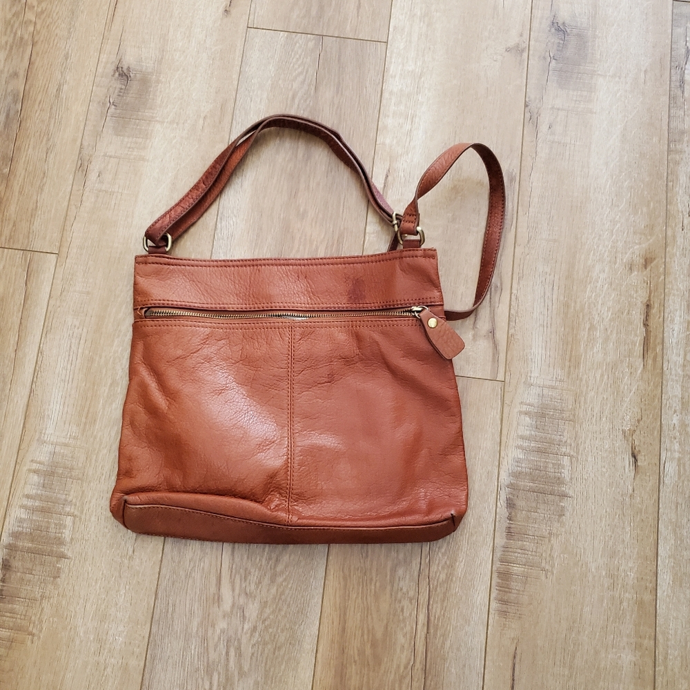 Emma & Sophia Medium Leather Flat Shoulder Hand Bag Satchel Tan Crossbody Orange
